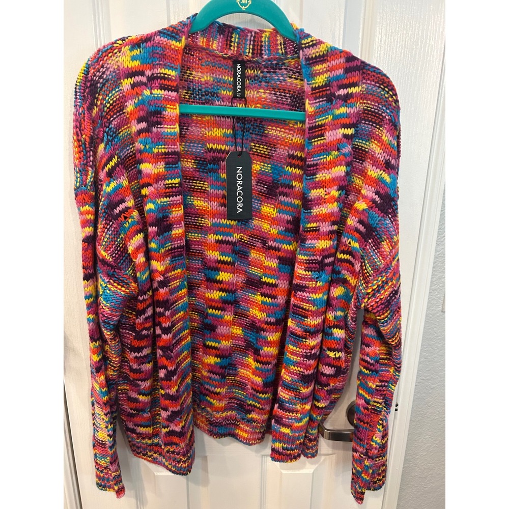 Noracora‎ Cardigan Multicolor Wool Blend Open Front Space Dye Knit Sweater XXL